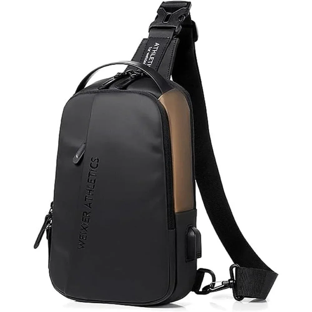 💫 Men Black Crossbody Bag Sling Waterproof USB Charging Port Headphone Backpack